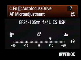 Canon AF Microadjustment setting screen